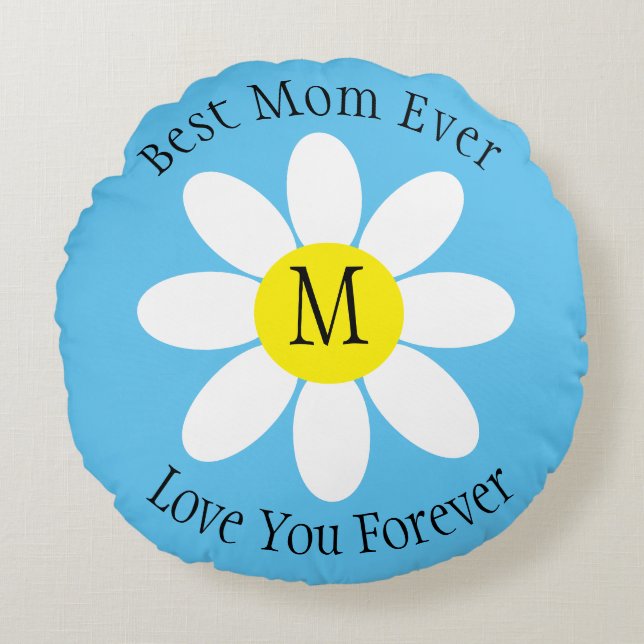 Cojín Redondo La mejor mamá del cielo azul del margarita blanco  (Anverso)