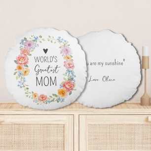 Cojín Redondo La mejor mamá del mundo cita personalizada floral 