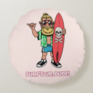 Cojín Redondo ¡La Ola Está Alta, Tío! Surfista de Dibujos Animad