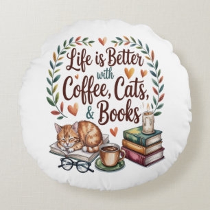 Cojín Redondo La vida es mejor con café gatos libros