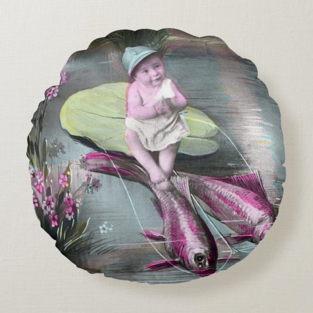 Cojín Redondo La vieja postal francesa del Día de los Inocentes (Anverso)