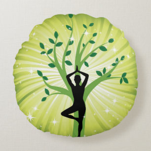 Cojín Redondo la yoga, yogui, árbol de la vida, verde, curador,