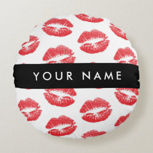 Cojín Redondo Labios rojos, besos, pintalabios, tu nombre, perso