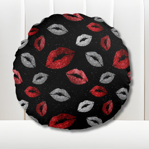 Cojín Redondo Labios rojos plateados con brillo para San Valentí