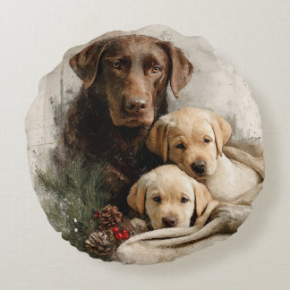 Cojín Redondo Labrador and Puppies Vintage Christmas