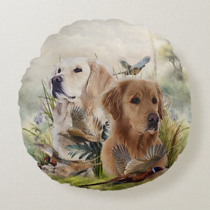 Cojín Redondo Labrador recuperadores con faisán, arte