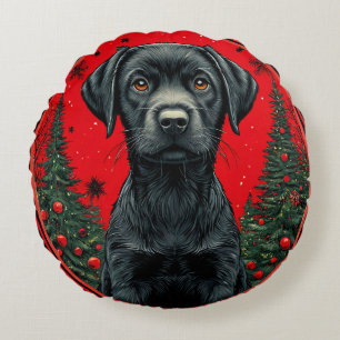 Cojín Redondo Labrador Retriever Negro de Navidad con Árboles Fe