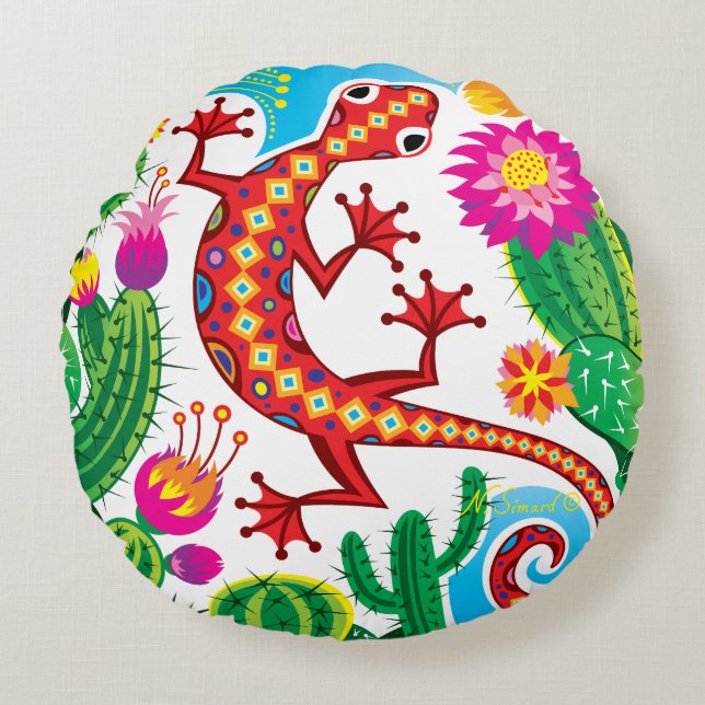 Cojín Redondo Lagarto del Sudoeste con Flores de Cactus (Anverso)