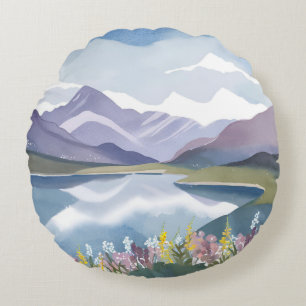 Cojín Redondo Lago de Montaña   Paisaje de Acuarela Floral