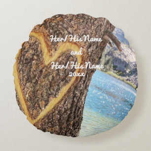 Cojín Redondo Lake Tahoe Blue Water Tree Heart Love