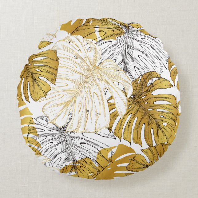 Cojín Redondo Las hojas de Monstera: Blanco dorado (Anverso)