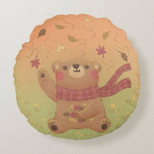 Cojín Redondo Las hojas de otoño del osito de peluche