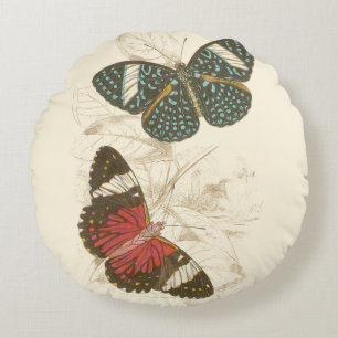 Cojín Redondo Las hojas de Sepia con mariposas coloridas