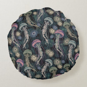 Cojín Redondo Las medusas etéreas y las anémonas en Verde azulad