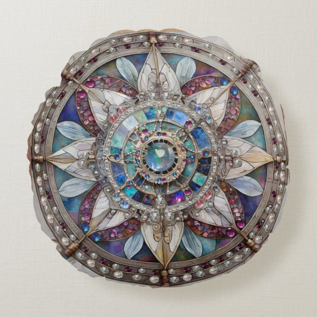 Cojín Redondo Las perlas de los diamantes de las zafiras rosas y (Anverso)