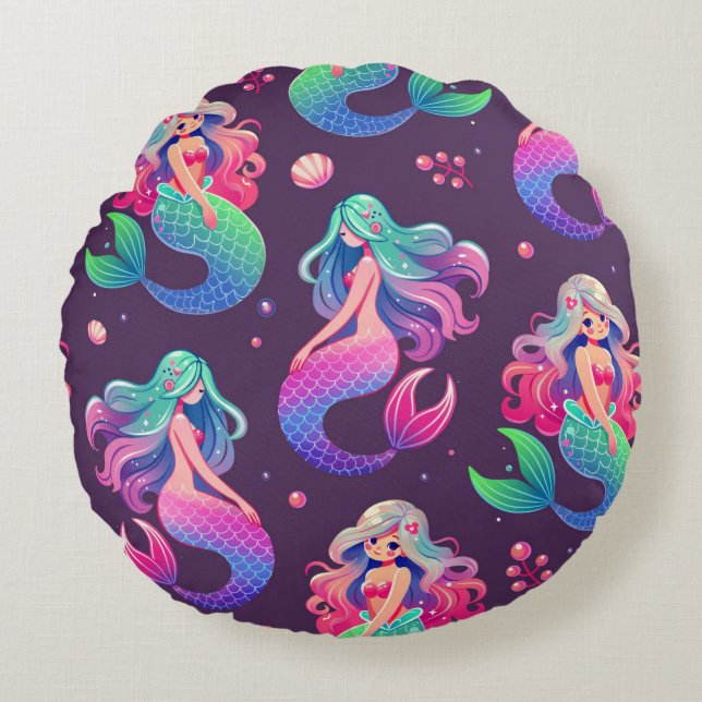 Cojín Redondo Las sirenas de estilo kawaii son púrpura inmaculad (Anverso)