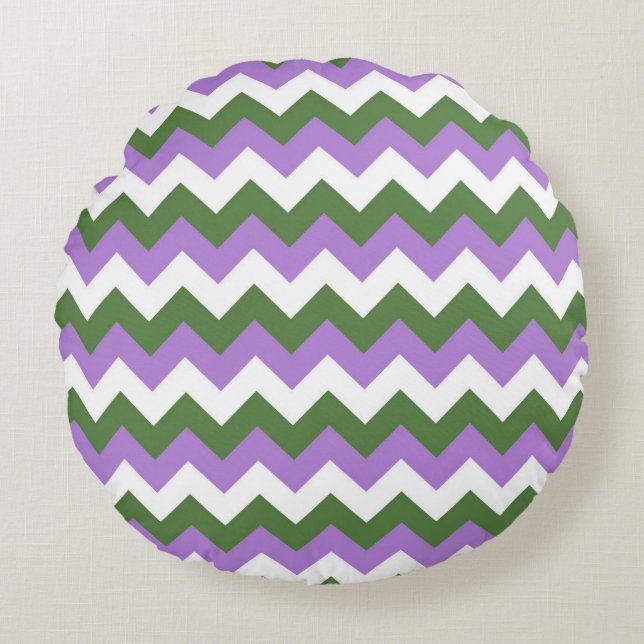 Cojín Redondo Lavanda, Chevron verde y blanco Zigzag (Anverso)