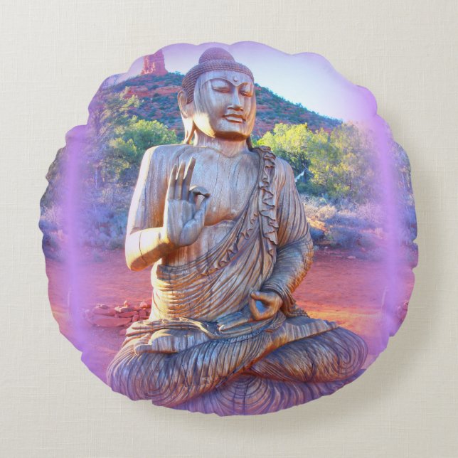 Cojín Redondo lavender aura buddha (Anverso)