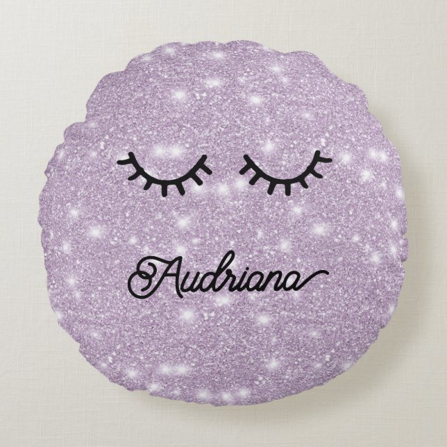 Cojín Redondo Lavender Faux Glitter Eyelashes Personalized Name (Anverso)