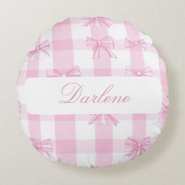 Cojín Redondo Lazo de Gingham Rosa Personalizado