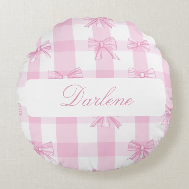 Cojín Redondo Lazo de Gingham Rosa Personalizado (Anverso)