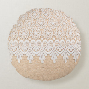 Cojín Redondo Lazo Ornamental Blanco sobre el diseño de tela