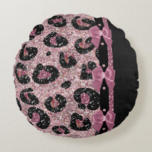 Cojín Redondo Lazos de cinta de estampado de leopardo rosa RAB R