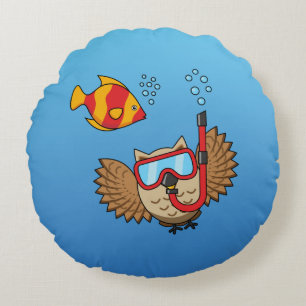 Cojín Redondo Lechuza con máscara de buceo y pescado tropical