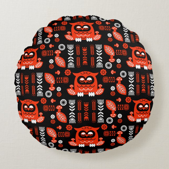 Cojín Redondo Lechuza Nórdica naranja Y Negro (Anverso)