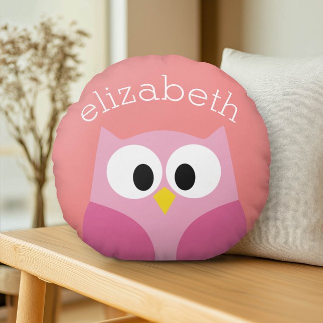 Cojín Redondo Lechuza Personalizado en rosa y coral (Custom Monogram Pillow)