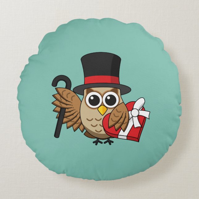 Cojín Redondo Lechuza sofisticada con caja de chocolate para el  (Anverso)
