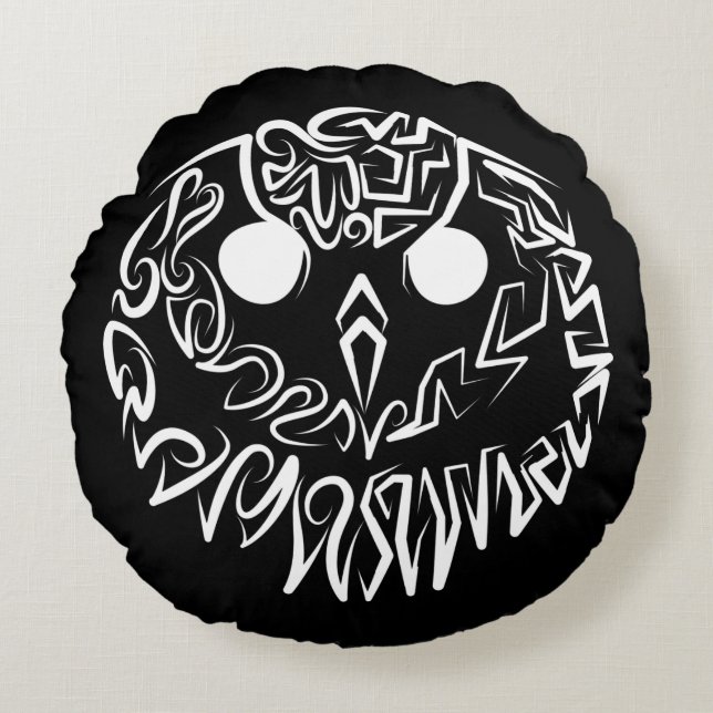 Cojín Redondo Lechuza Tribal Negra y Blanca (Anverso)