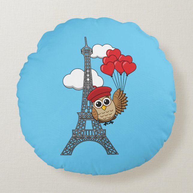 Cojín Redondo Lechuza volando con globos cardíacos en París (Anverso)