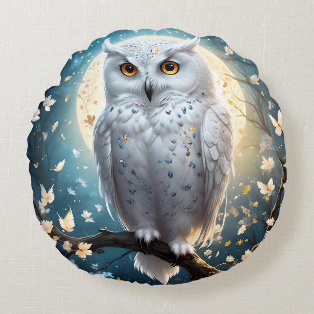 Cojín Redondo Lechuza Y Luna De Nieve Con Espuma, (Anverso)