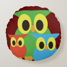 Cojín Redondo Lechuzas verdes, rojas y azules