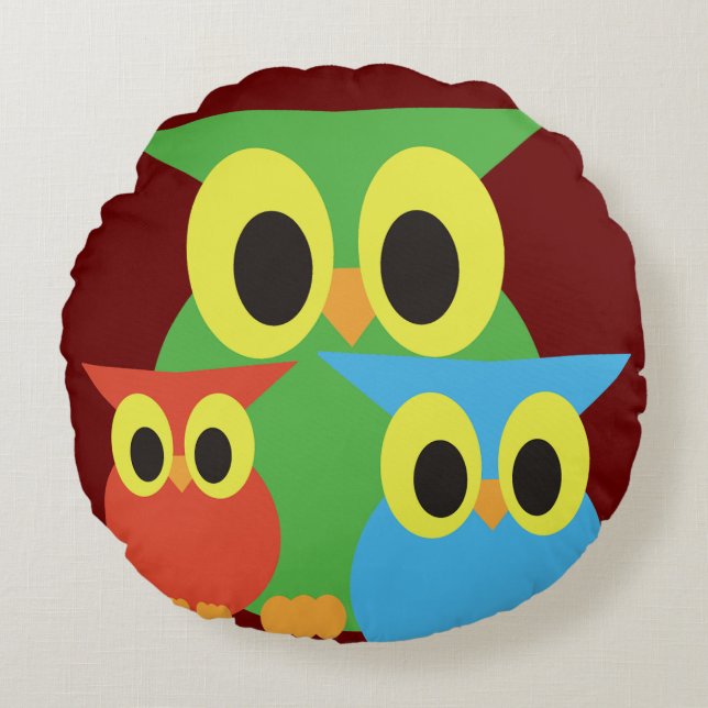 Cojín Redondo Lechuzas verdes, rojas y azules (Anverso)