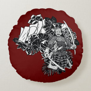 Cojín Redondo Legendario guerrero samurái con diseño de Katana
