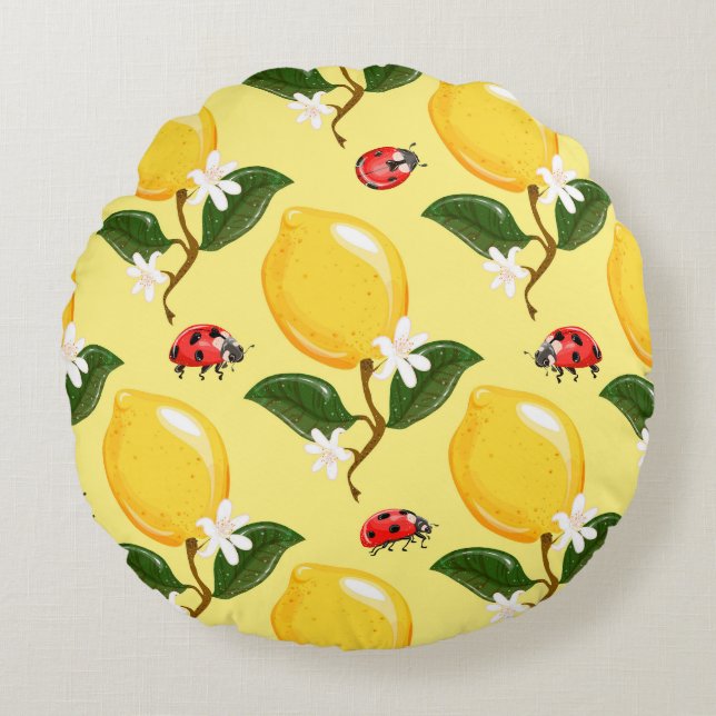 Cojín Redondo Lemon Ladybug: Patrón amarillo tropical. (Anverso)