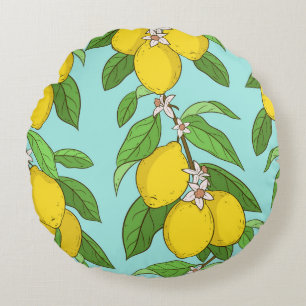 Cojín Redondo Lemones, El Fondo Azul Vibrante No Tiene Percanto.