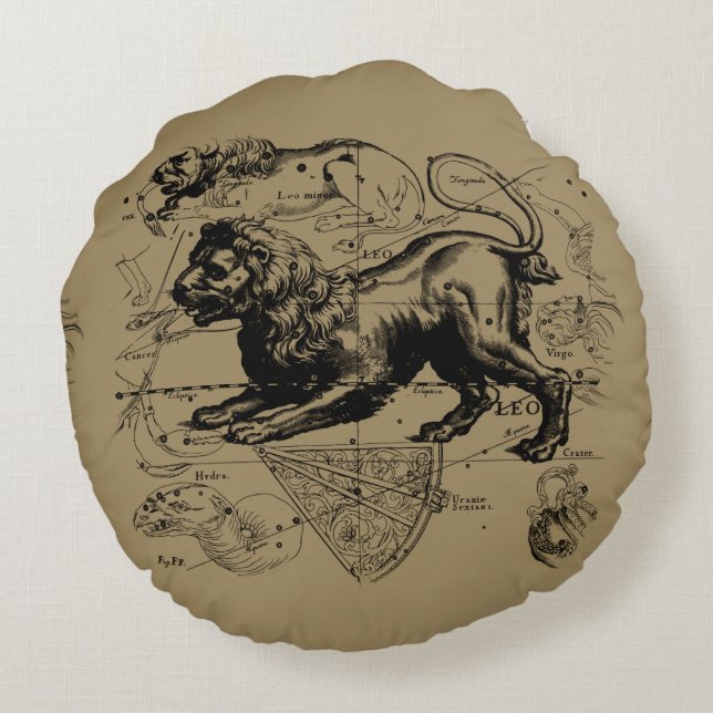 Cojín Redondo Leo Constellation Map Hevelius 1690 en Taupe (Reverso)