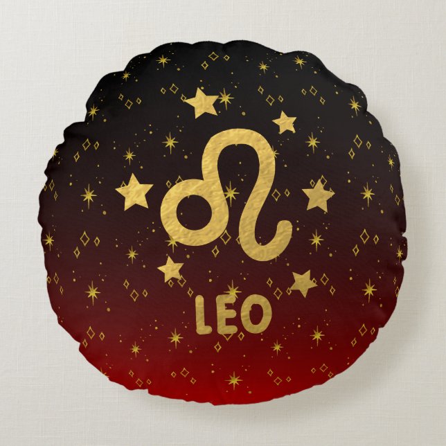 Cojín Redondo Leo Zodiac Rojo y Negro Pillow (Anverso)