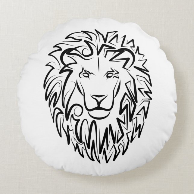 Cojín Redondo León tribal blanco y negro (Anverso)