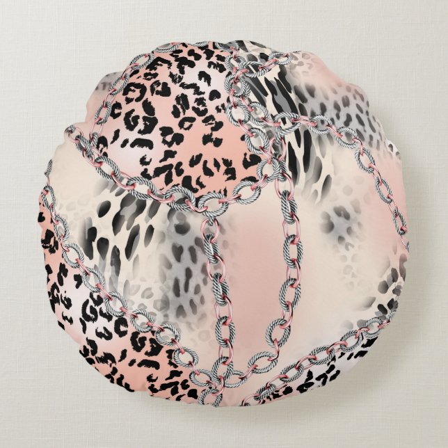 Cojín Redondo Leopard pattern, flowers, chain, roses (Anverso)