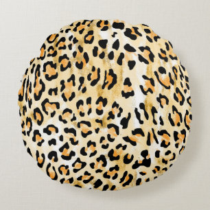 Cojín Redondo Leopardo amarillo, dibujado a mano.