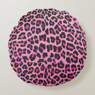 Cojín Redondo Leopardo de impresión negro y rosa caliente