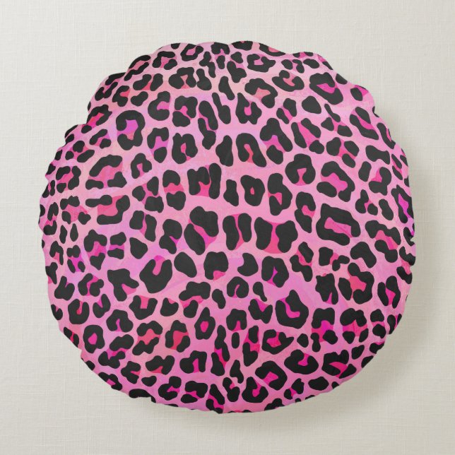 Cojín Redondo Leopardo de impresión negro y rosa caliente (Anverso)