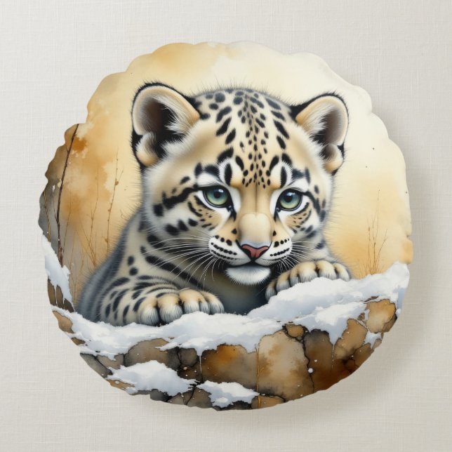 Cojín Redondo Leopardo de la Nieve Bebé (Anverso)
