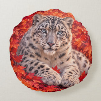 Cojín Redondo Leopardo de las Nieves entre Hojas de Arce de Otoñ