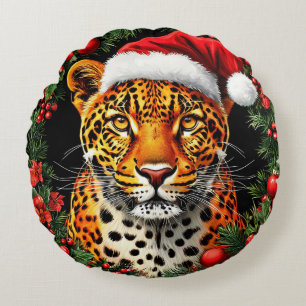 Cojín Redondo Leopardo Festivo con Gorro de Santa