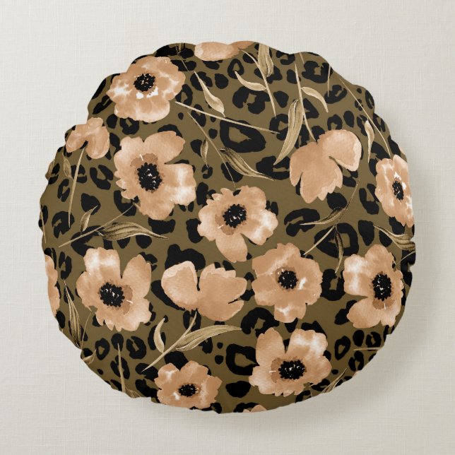 Cojín Redondo Leopardo floral acuarela: patrón infinito (Anverso)